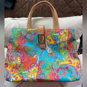 Vibrant  Ralph Lauren Multicolor Paisley Tote Bag with Tan Handles